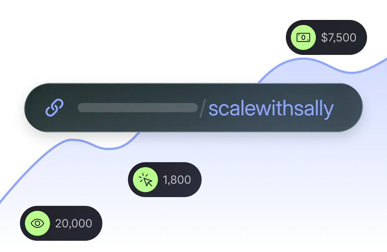 A custom referral link floats above a rising trend line. Surrounding the link are badges that display stats for 20,000 views, 1,800 clicks, and $7,500 USD earned, indicating in-depth analytics and payment tracking.