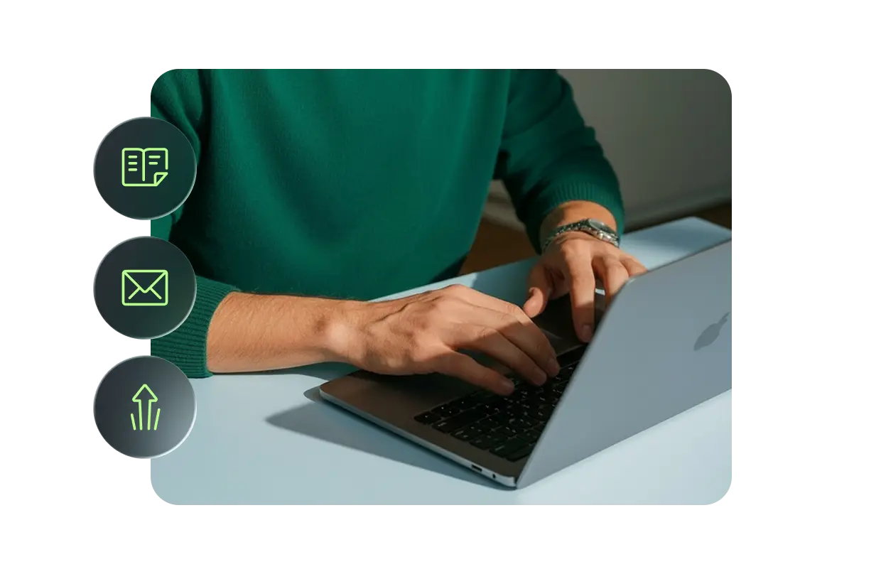 A person types on a laptop, accompanied by floating icons of an open book, an envelope, and an upward arrow. These symbols represent access to playbooks, newsletters, and resources designed to help PlatformDTC affiliates drive referrals.