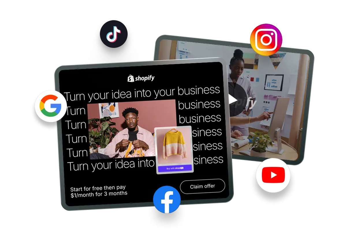 Sample PlatformDTC marketing banners and video ads. Surrounding the ads are icons for TikTok, Instagram, Google, Facebook, and YouTube, indicating ready-to-use assets for cross-platform advertising.