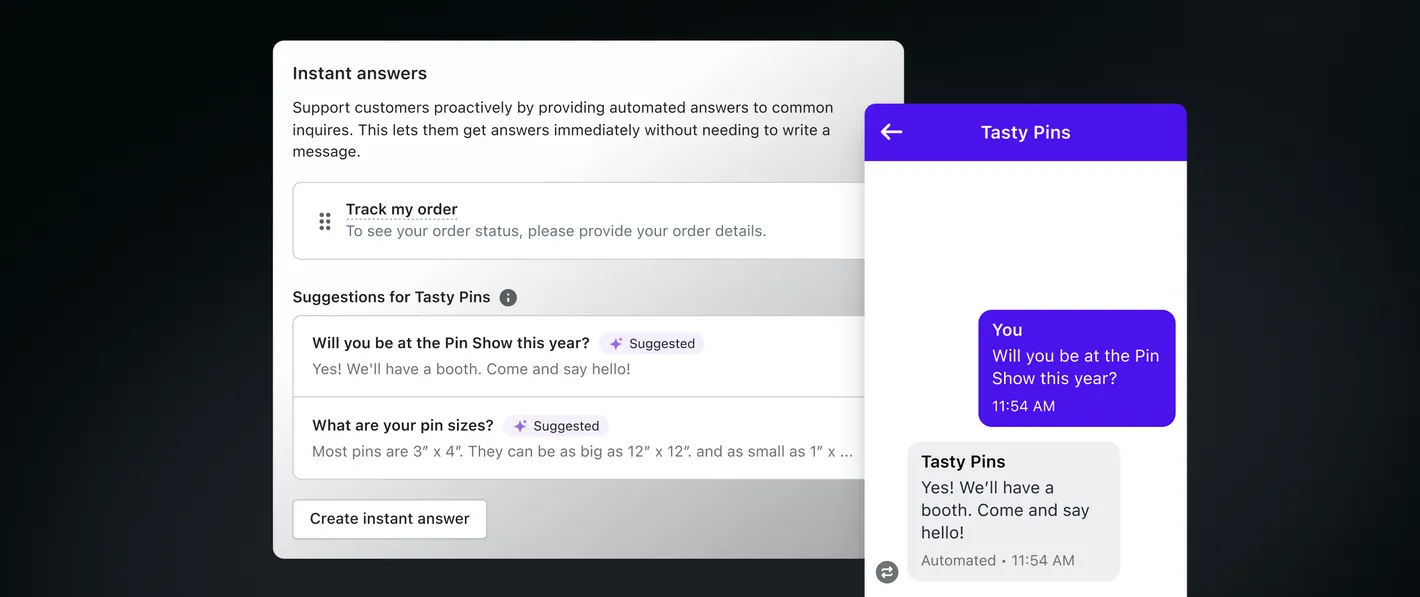 Instant answers interface showing suggestions for questions and answers to common queries.