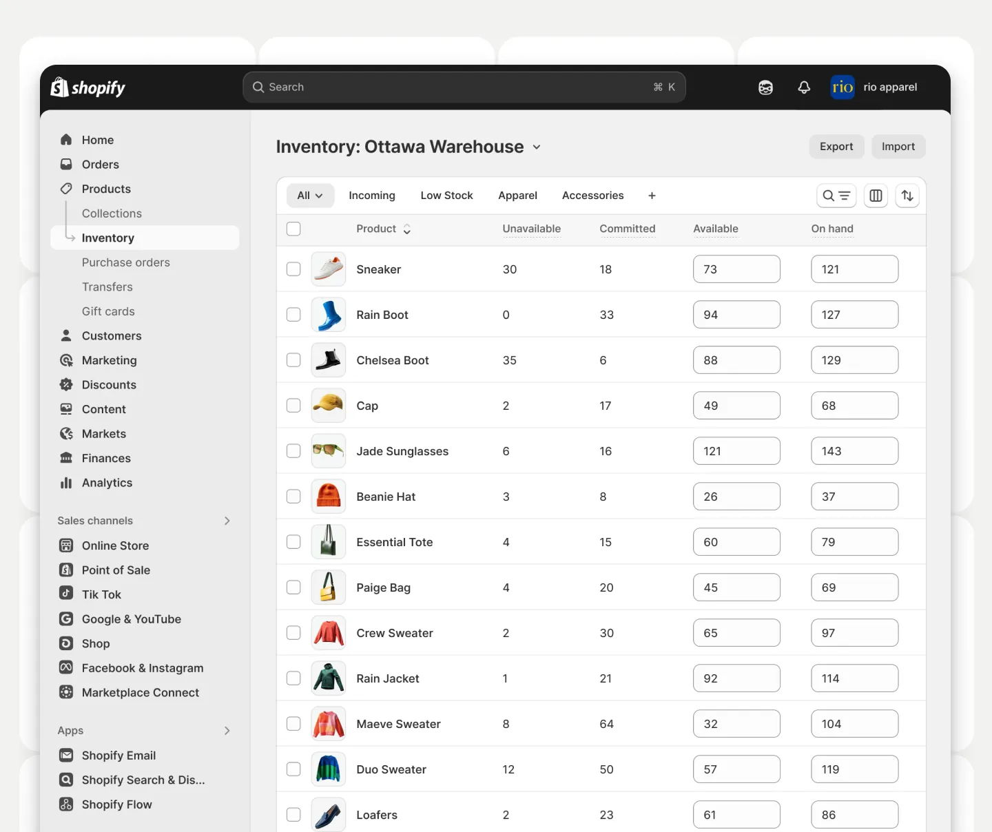 Dynamic animation showcasing inventory management in PlatformDTC. Floating apparel products with changing quantity values in tandem with rotating badges for fulfillment, ordered, refunded, and received statuses. The items organize into a grid, then swiftly populate the PlatformDTC Admin inventory view, displaying product listings with quantities and inventory statuses.