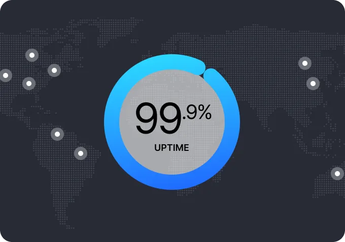 A map of the world with a stat showing 99.9% uptime