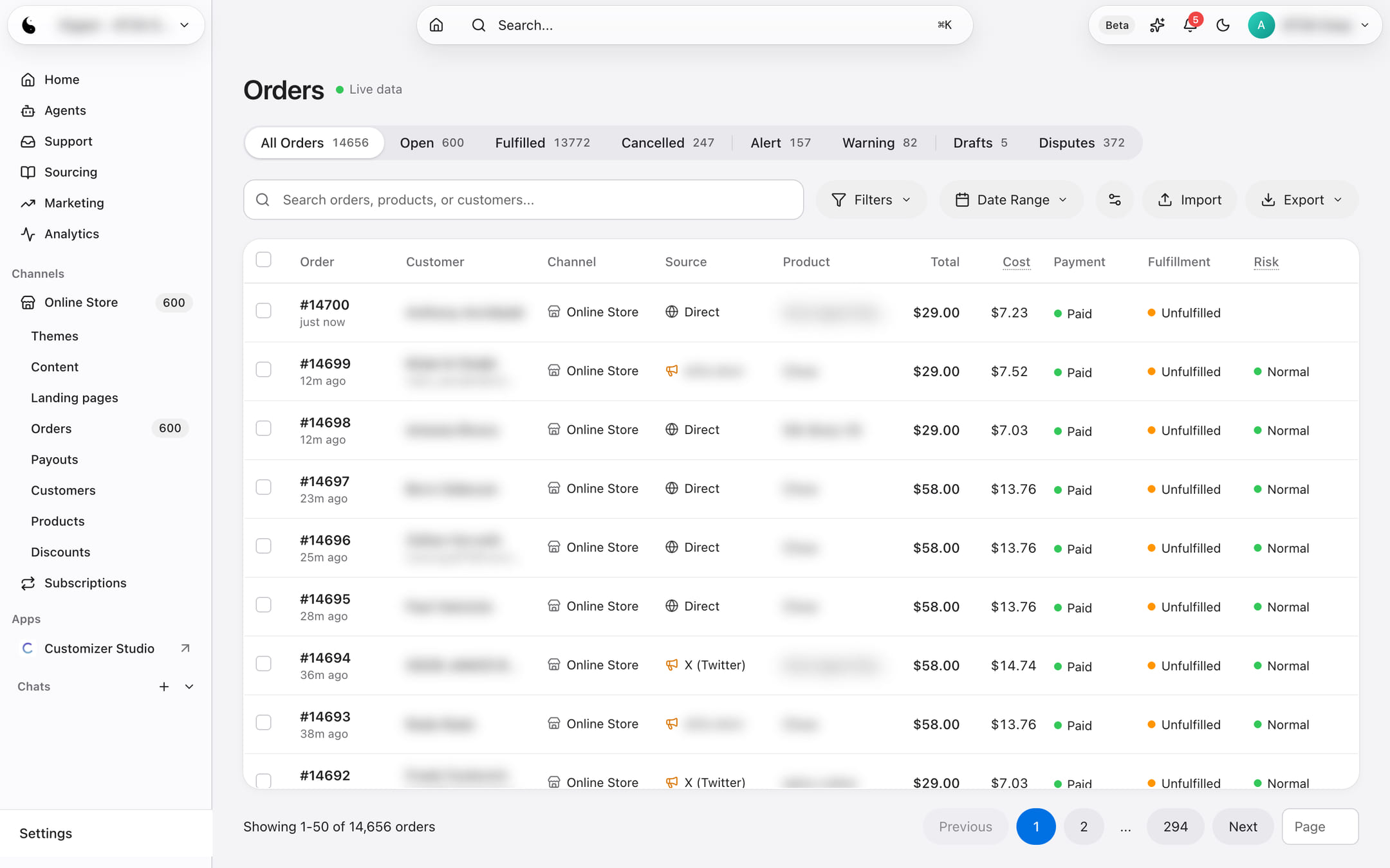 The Orders list: each row has a bold order number, the channel and source as an icon with text, the total, and payment, fulfillment and risk as a coloured dot beside a plain label.