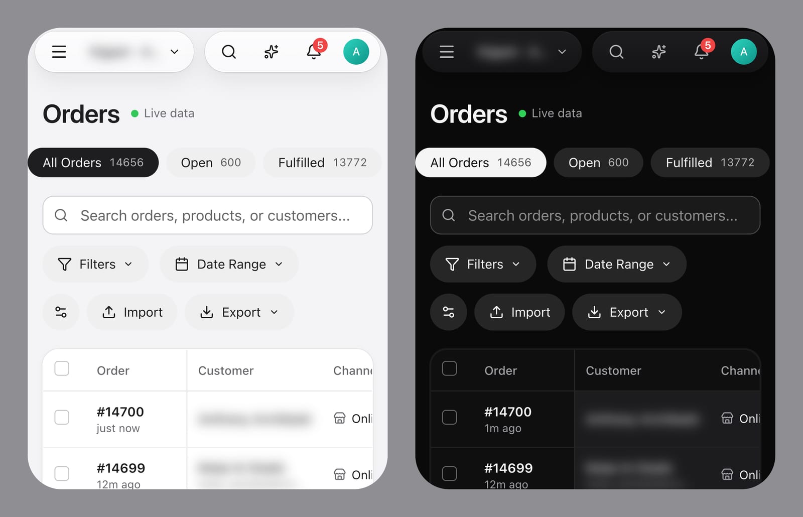 The Orders screen on a phone in light and dark mode. Two islands sit across the top: the menu with the store switcher, and search, the assistant, alerts and the account.