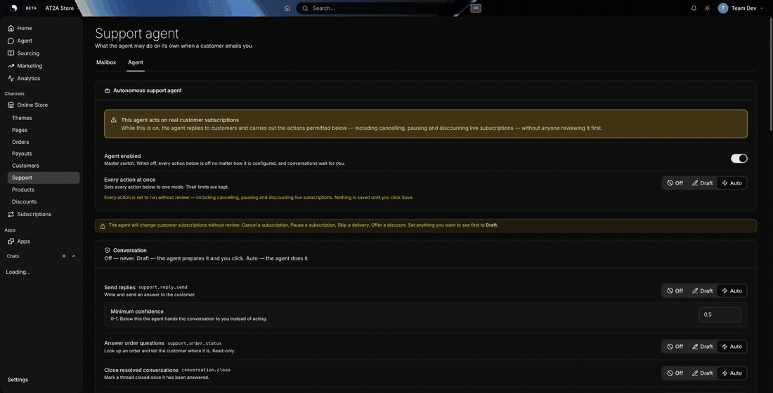 Scrolling the Support agent settings screen: the master switch, then each action with Off, Draft and Auto controls, then the subscription actions with their identity, value and timing limits.