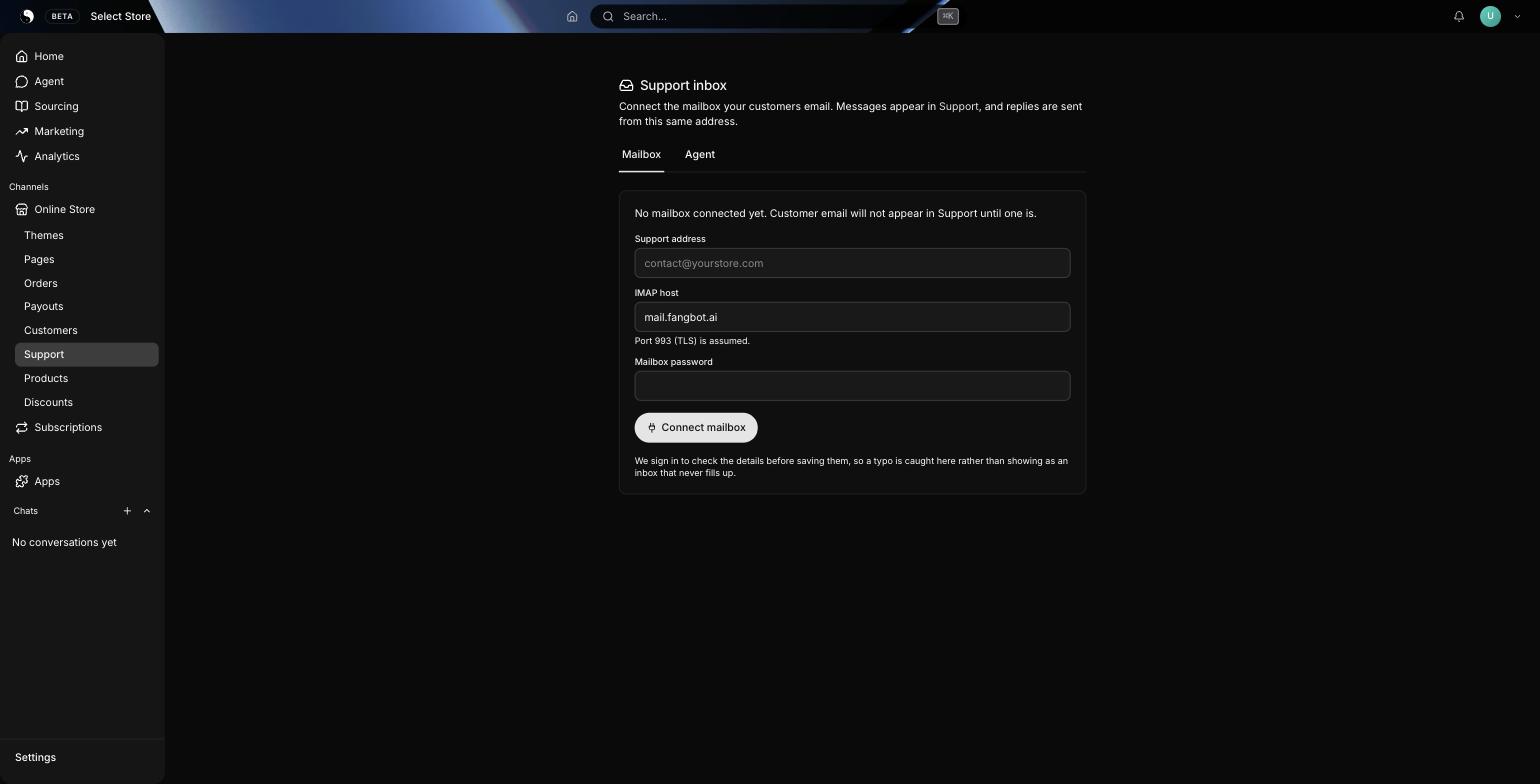 Support inbox settings: fields for the support address, the IMAP host and the mailbox password, with a Connect mailbox button.