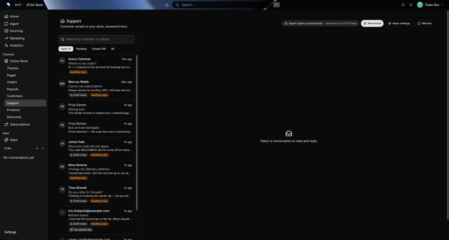 The Support screen in the PlatformDTC dashboard: a list of customer conversations with status tabs, agent draft badges, and the agent status chip in the header.