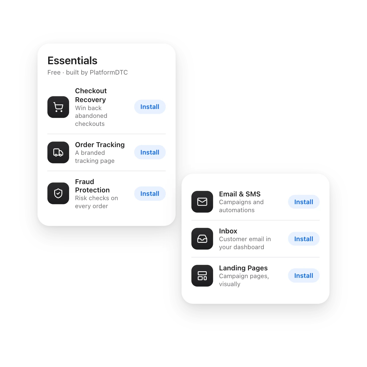 Six free PlatformDTC apps with Install buttons: Checkout Recovery, Order Tracking, Fraud Protection, Email & SMS, Inbox and Landing Pages.