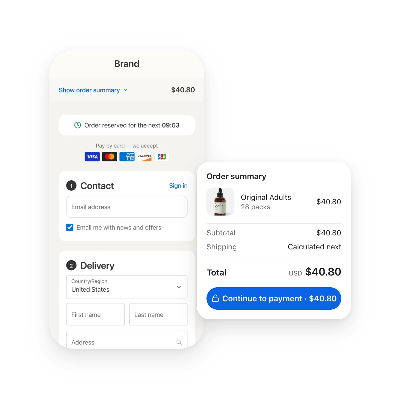 A store’s checkout on a phone, beside the order summary with its total and a Continue to payment button.