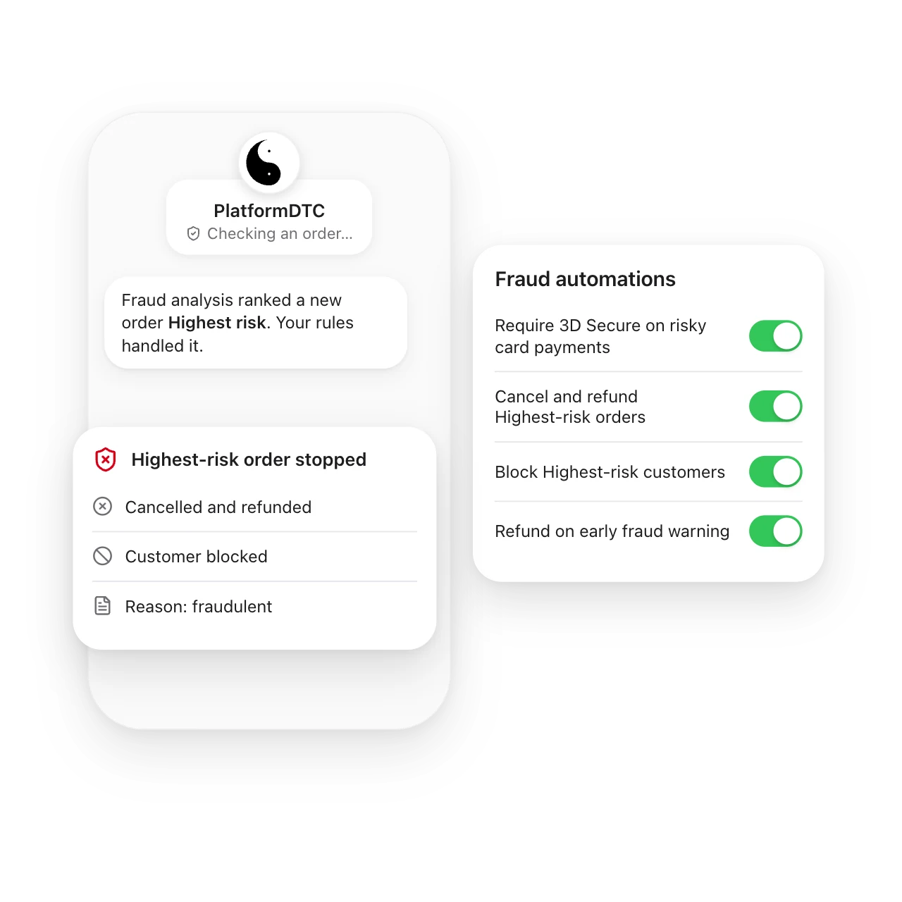 The PlatformDTC agent reporting a highest-risk order stopped — cancelled and refunded, customer blocked — beside four fraud automations switched on.