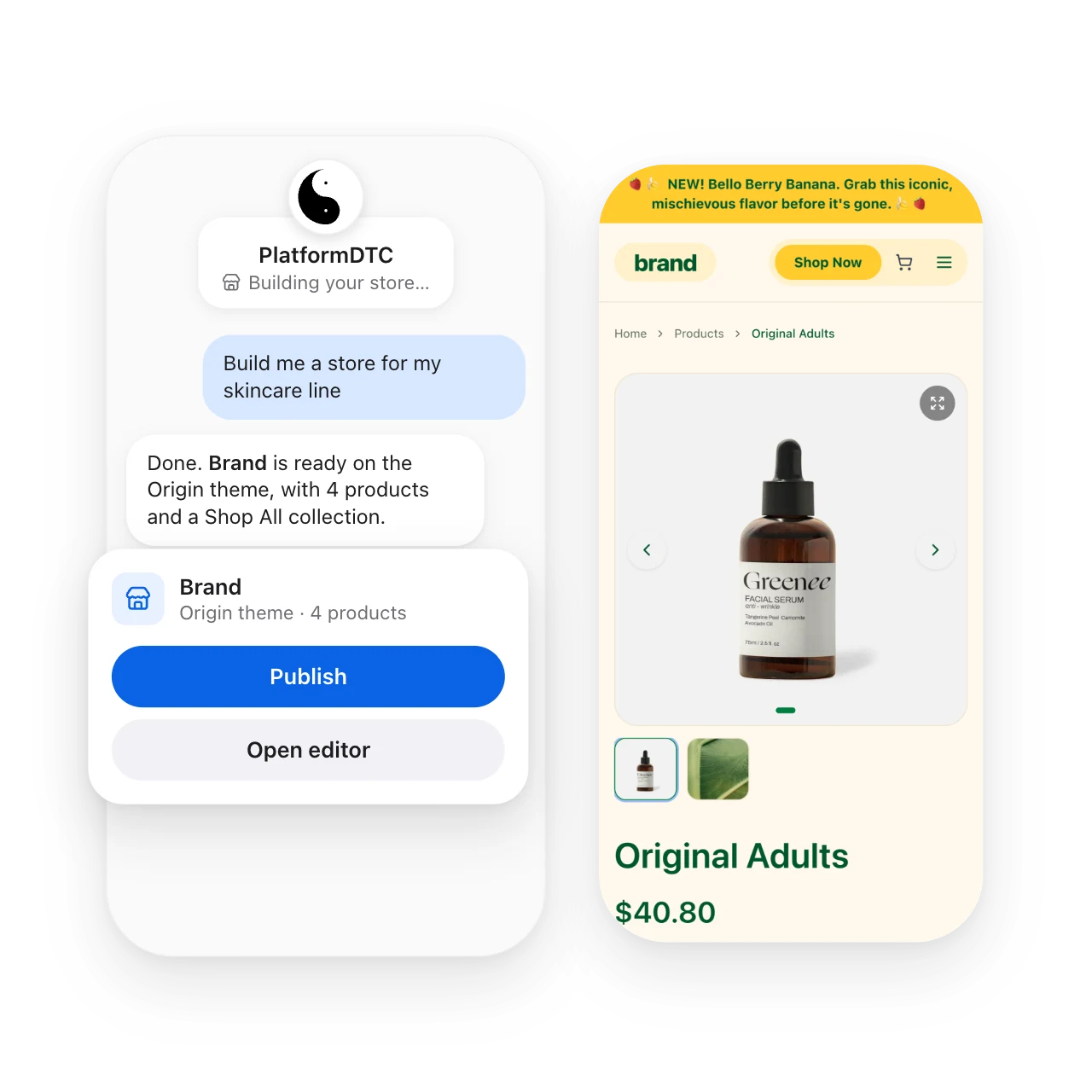 The PlatformDTC agent reporting a new store is ready, with Publish and Open editor buttons, beside the store’s product page on a phone.