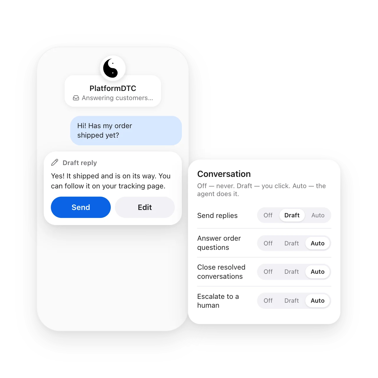 A customer asks if their order has shipped and the PlatformDTC agent drafts a reply to send or edit, beside the Off, Draft and Auto setting for each support action.