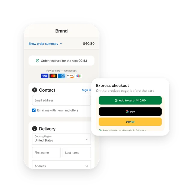A checkout on a phone beside the express checkout row from the product page: add to cart, Google Pay and PayPal.