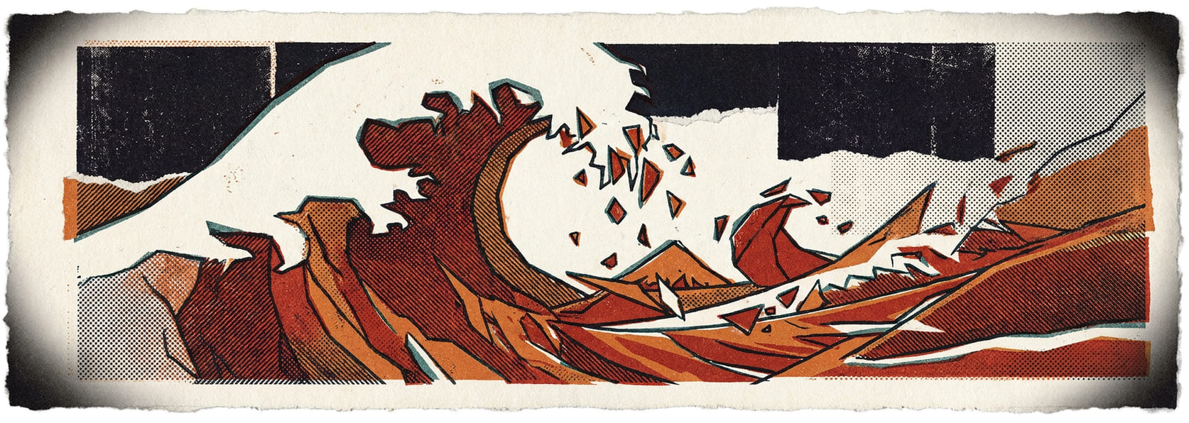 Cresting ocean waves breaking into geometric shards