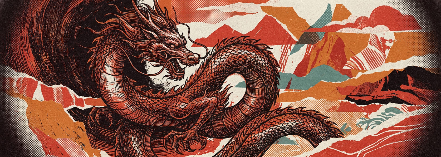 A coiling dragon rendered in dense engraving linework, emerging from darkness