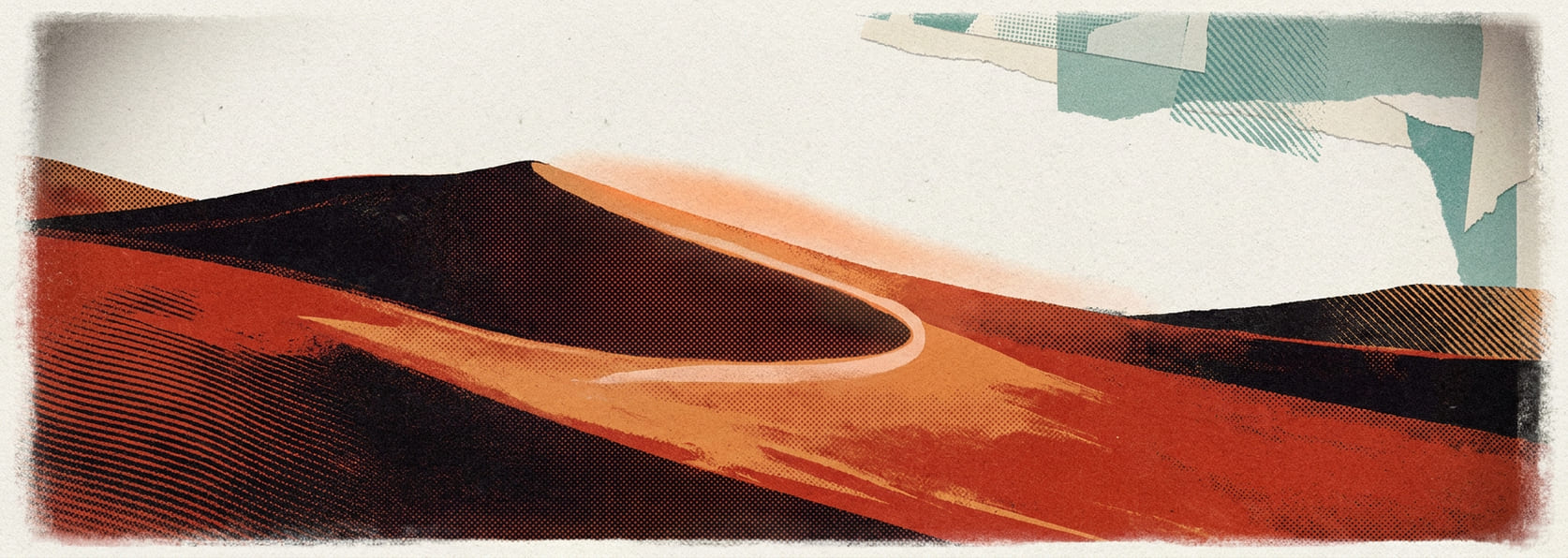 Sand dunes with a single ridge line catching light