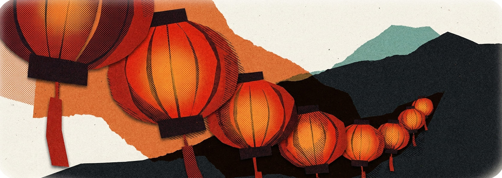 A paper lantern procession trailing into the dark