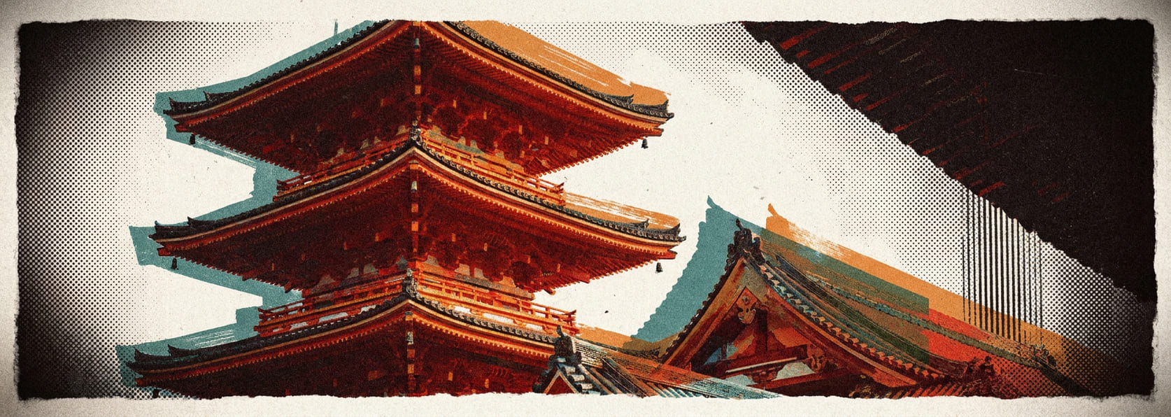 A temple pagoda roofline stacked in receding planes