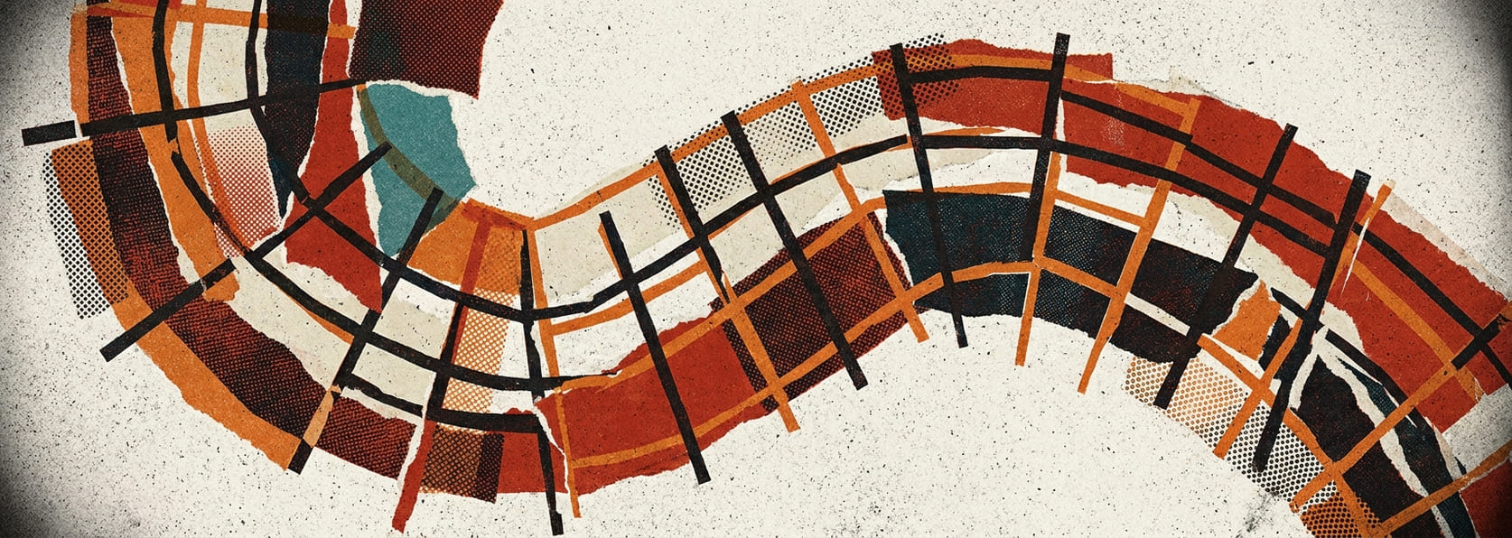 A shattered grid reassembling into a curve