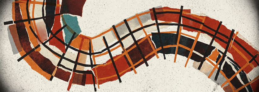 A shattered grid reassembling into a curve