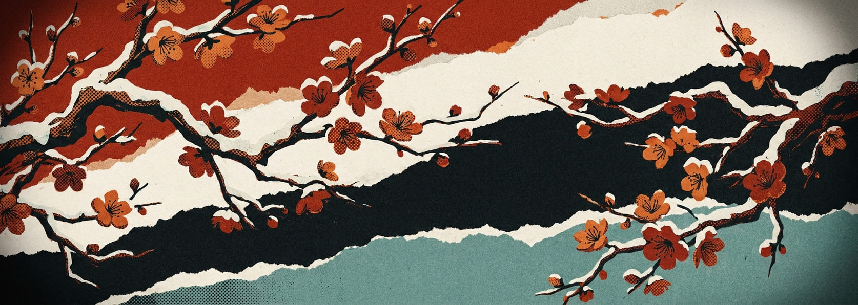 Cherry branches in heavy snow
