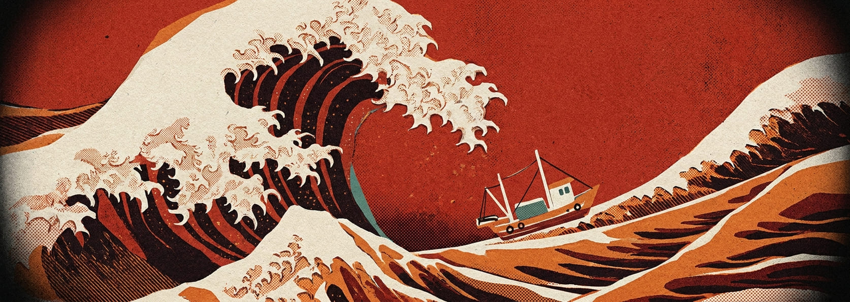 A great wave curling over a small distant boat