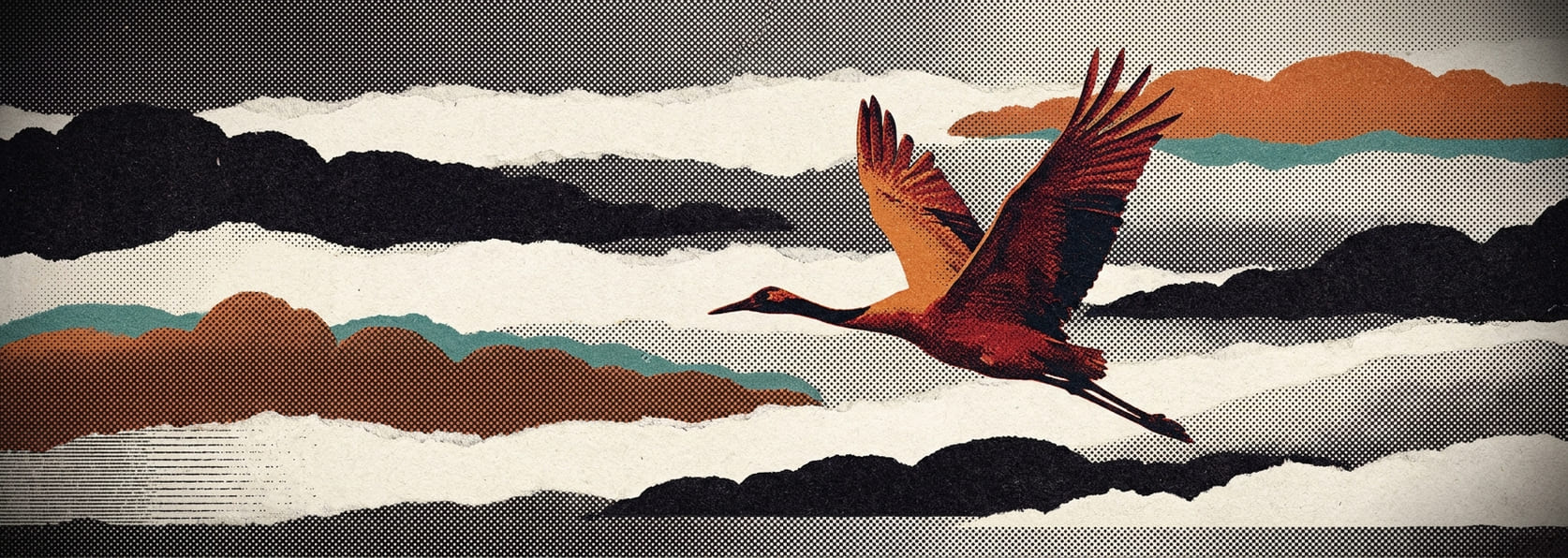 A single crane in flight across banded horizontal cloud strata