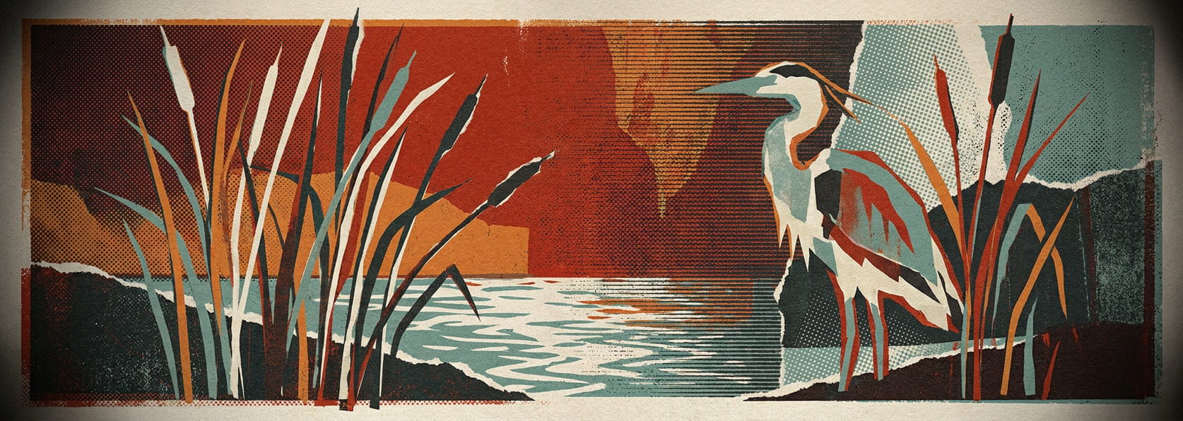 Reeds and heron at the water margin