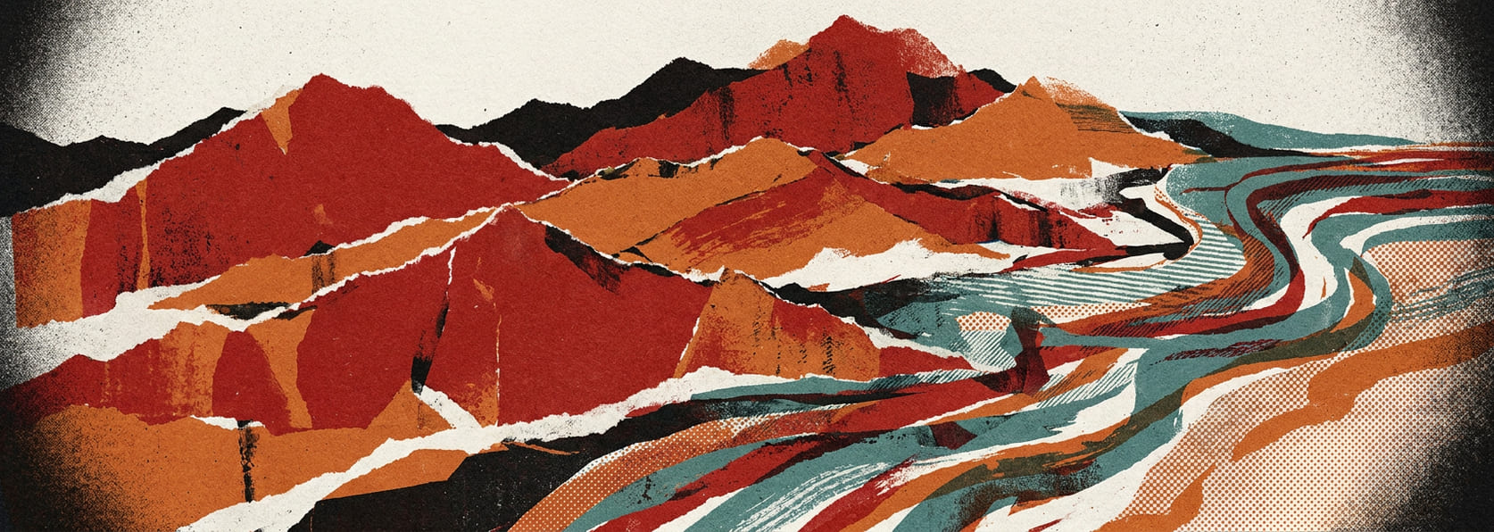 Layered mountain ridges dissolving into flowing data currents