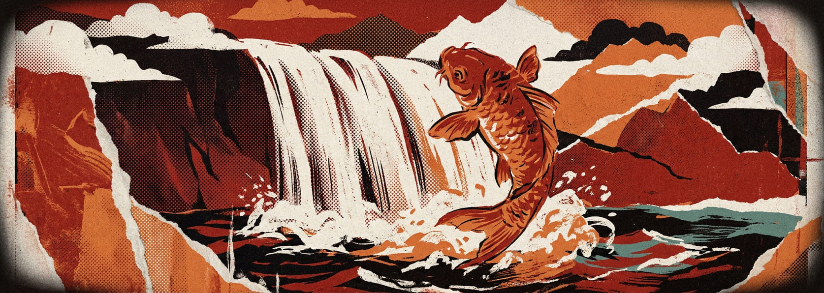 A carp leaping against a waterfall