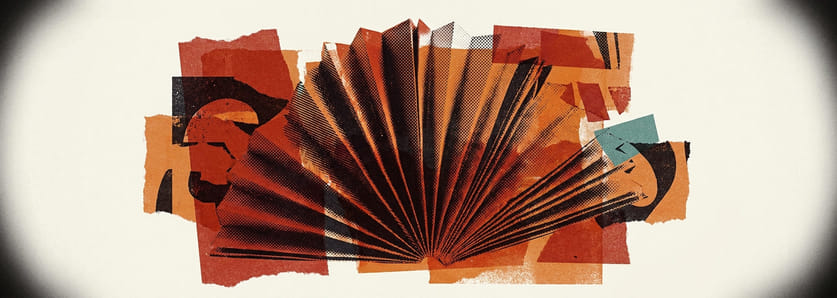 A fan of folded paper opening across the frame