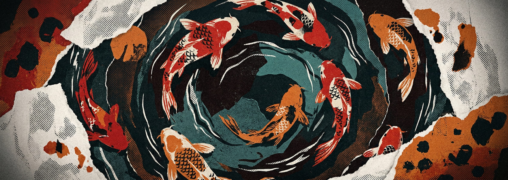 Koi circling in a dark pool, seen from directly above