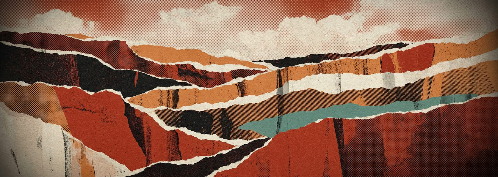 Torn strata of coloured paper suggesting a canyon wall
