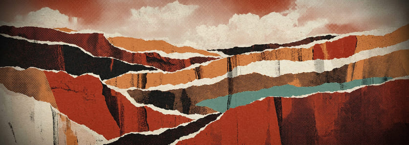 Torn strata of coloured paper suggesting a canyon wall