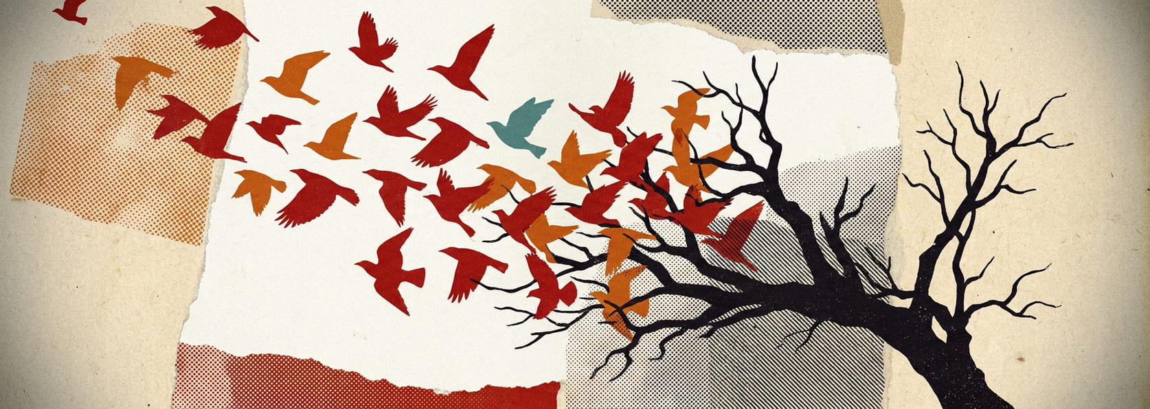 A flock scattering from a bare tree